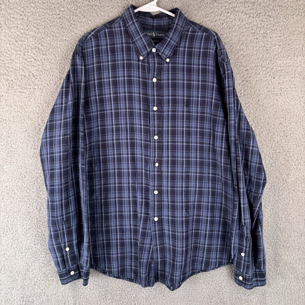 Vintage Polo Ralph Lauren Shirt Men 2XL Blue‎ Plaid Silk Linen Button Down Pony